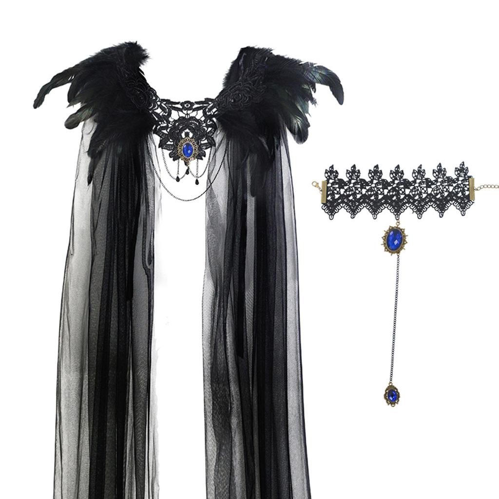 Halloween Cloak Black Feather Mesh Cloak Medium Dress Jewel Bracelet Stage Party Dance