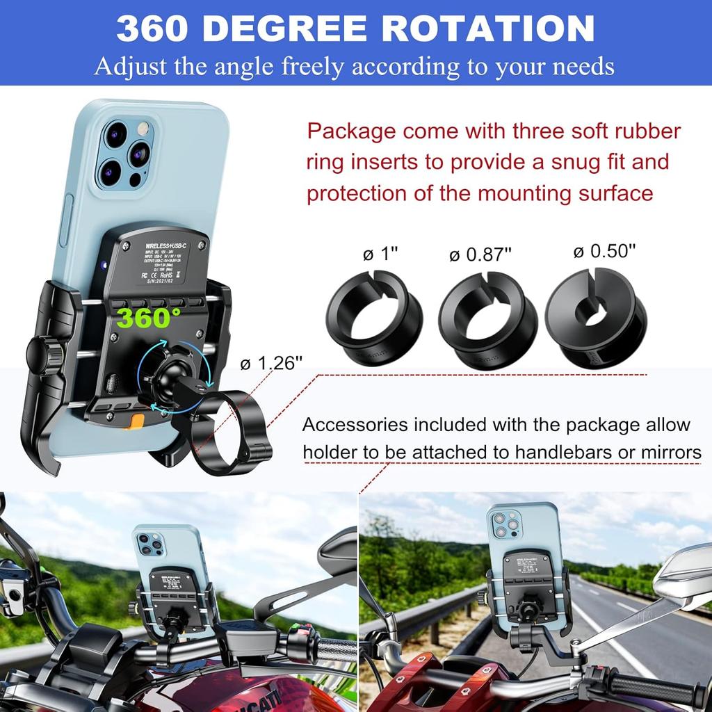 BRCOVAN Motorcycle Phone Mount Holder With Qi 15W Wireless Charger & PD/USB-C 20W Fast Charging Port, Waterproof Cellphone Cradle With Aluminum Alloy