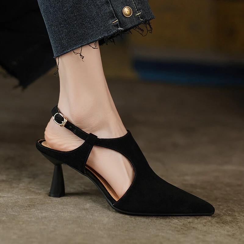 Fashion NEW Summer Women Sandals Pointed Toe Thin Heel Shoes Sexy High Heels Elegant Sheep Suede Leather Shoes for Women Party Shoes