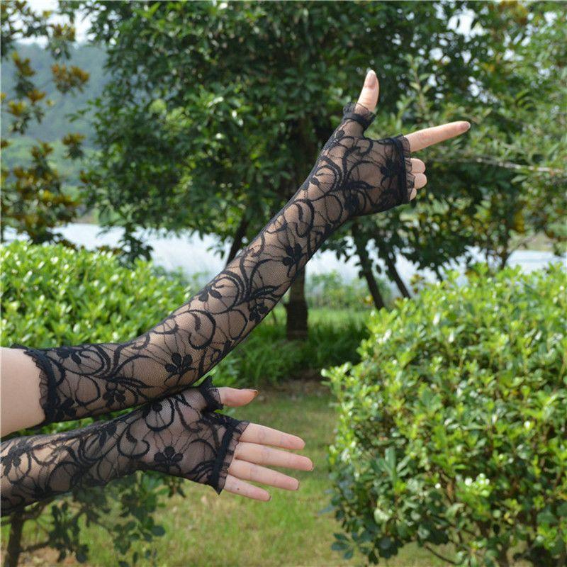 

Long Sunscreen Lace Oversleeves Women s Thin Elastic Black Nightclub Bar Half Finger-Exposed Lolita Sexy Sexy Black One size