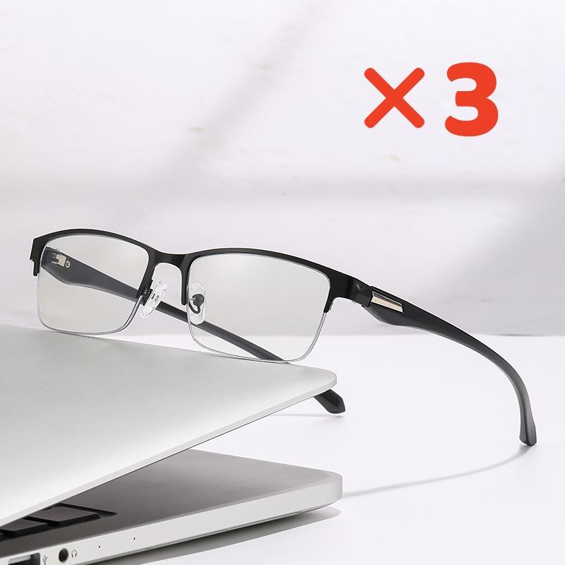 3PCS Men's Fashion Square-Frame Business Reading Glasses Metal Half Frame Single-Vision High-Definition Anti-blue Light Eyewear