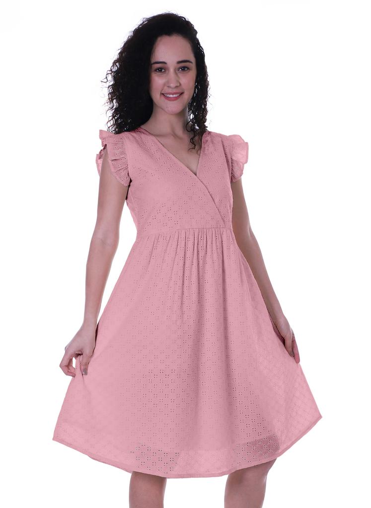 Moomaya Schiffli Dress Frill Sleeve W  V-neck Casual Relaxed Summer Garden