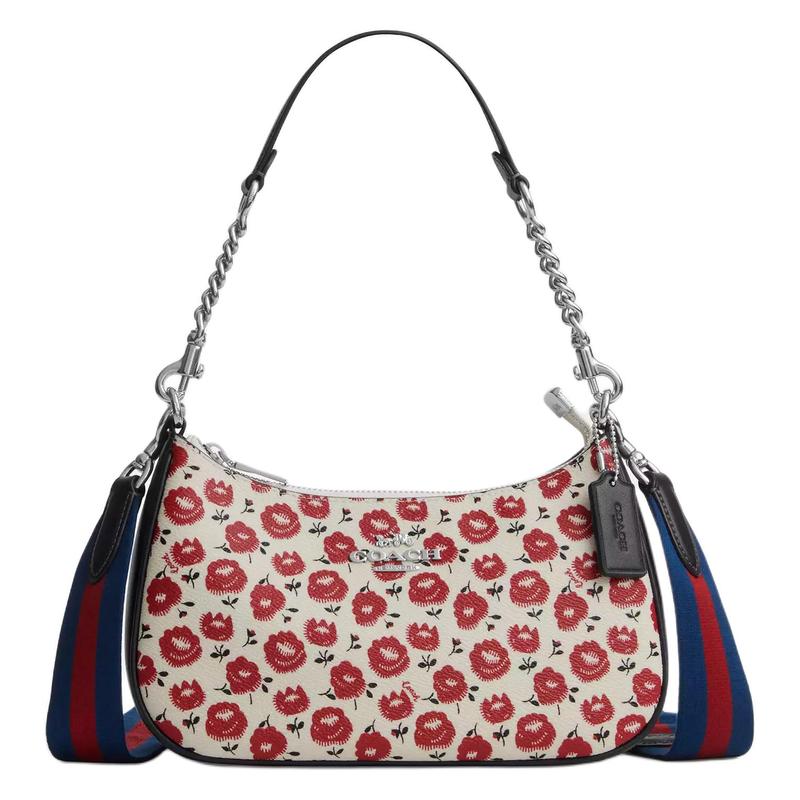 

COACH Teri 25 Floral Print Silver Hardware Printed Coated Canvas Crossbody Shoulder Bag Medium Women s Beige with Red срібний