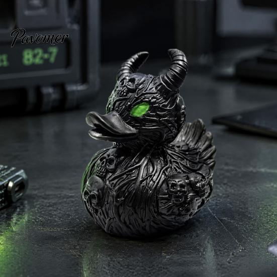 Matte Black Resin Ornament Gothic Devil Skull Duck Ornament, Figurine, Cool Punk Style Figurines Horror Green Eyes Decor for Halloween Party