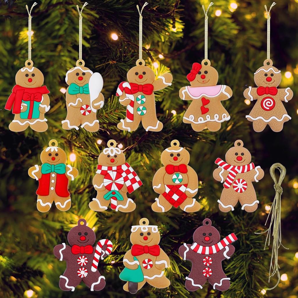 12pcs Gingerbread Man Ornaments for Christmas Tree, Assorted Gingerbread Ornaments, Gingerbread Christmas Ornaments