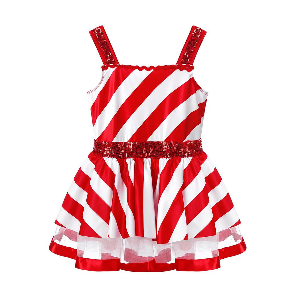 Figure Ice Skating Dress for Girls Holiday Costume Christmas Candy Cane Dress Kids Sleeveless Xmas Party Dress