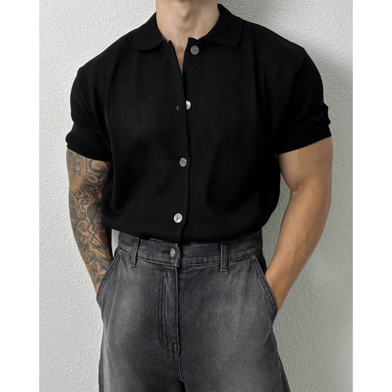 

Мужской кардиган из тонкого трикотажа с коротким рукавом - Летний лацкан, Свободный крой, Универсальный однотонный 2XL чёрный