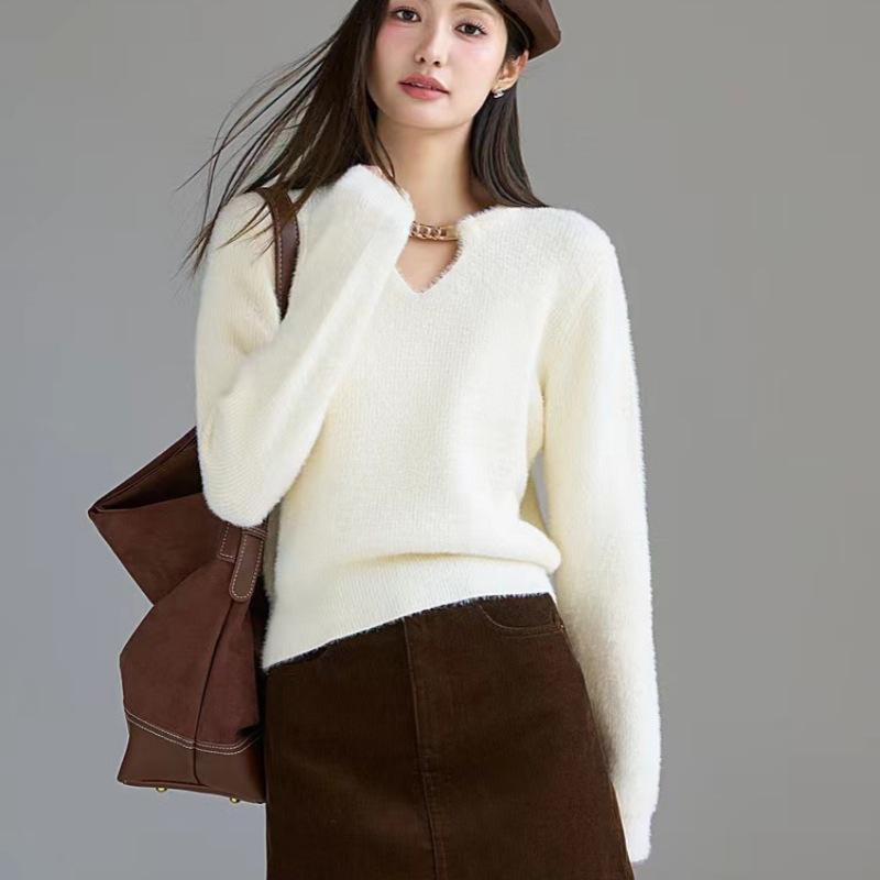 Hollow Out Solid Color Sweater for Women Autumn and Winter Small Fragrance Style Knitted Sweater Top