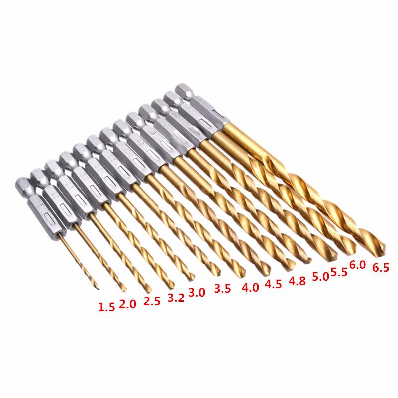 13-Piece Titanium Hex Shank Twist Drill Bit Set for Air Screwdrivers (1/4" Hex)