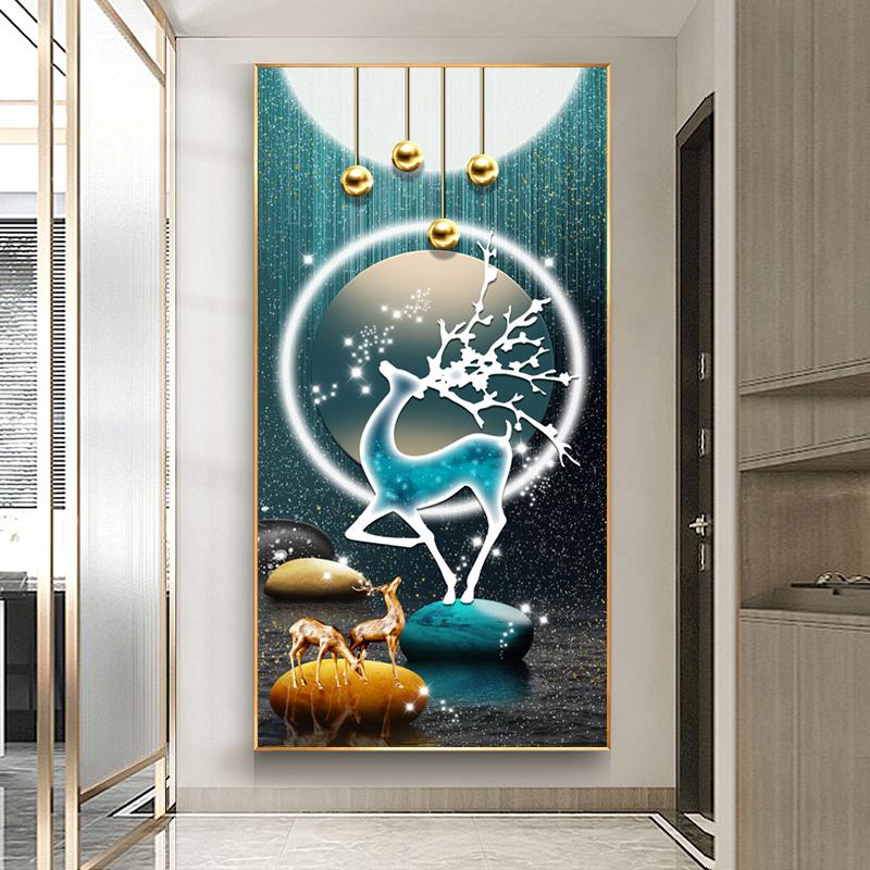 Abstract Fengshui Golden Deer Canvas Painting Zen Stone Posters and Prints Modern Luxury Leaves Wall Art for Porch Decor Unframe