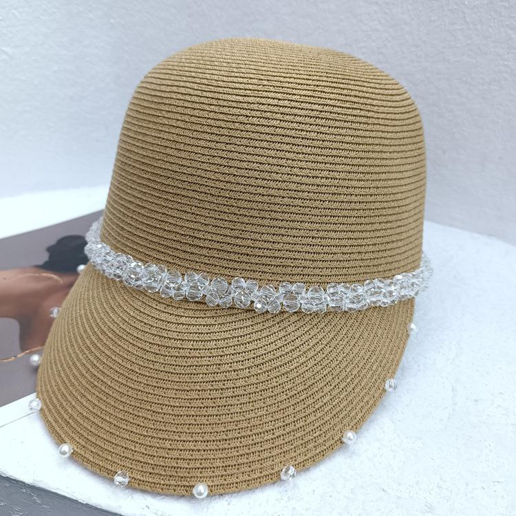 Pălărie ecvestră cu limbă de rață țesătă din paie cu perle de cristal Pălărie de paie de cavaler versatilă coreeană pentru femeie de vară Pălărie de soare la modă ocazională