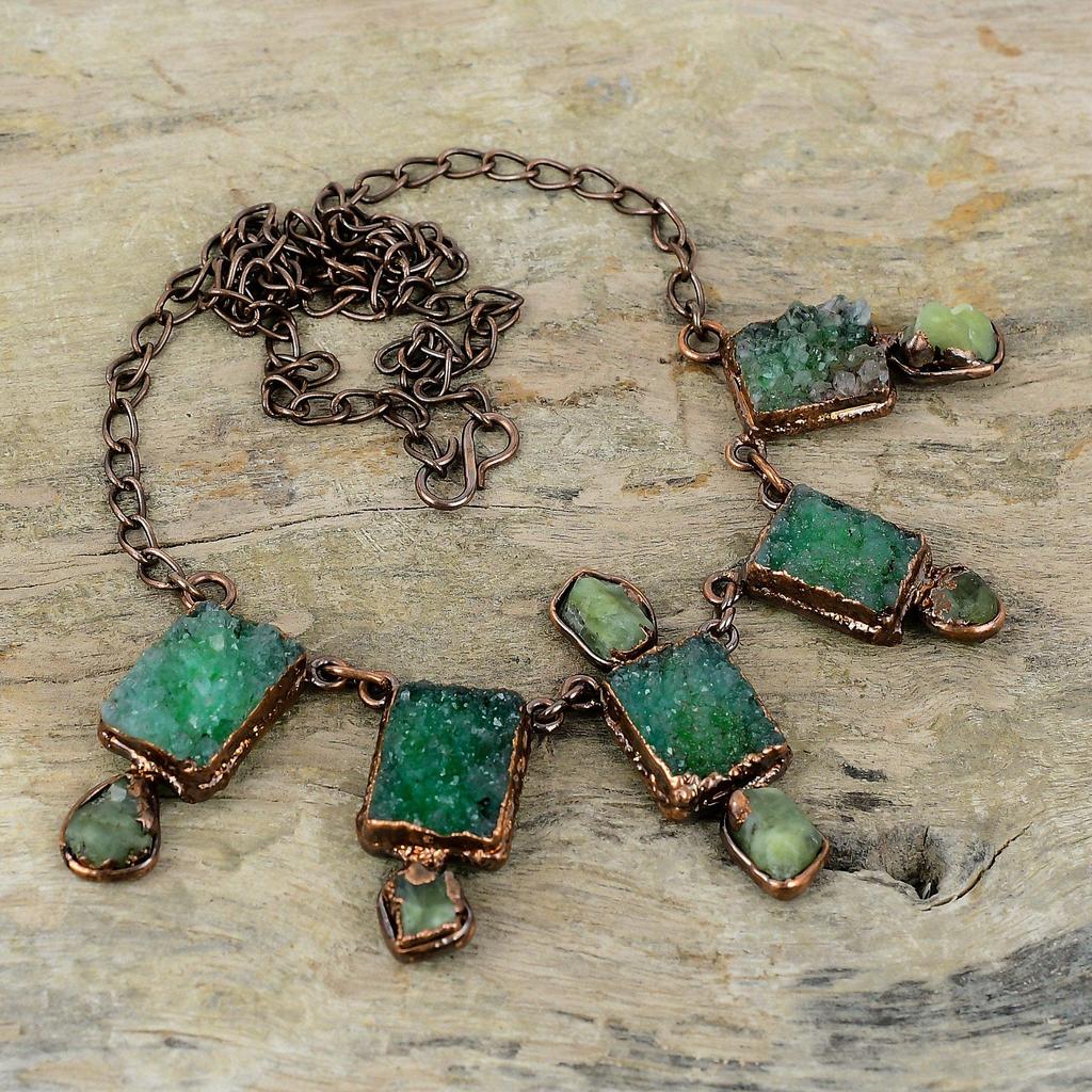 Green Druzy Necklace Electroformed Copper Necklace Aquamarine Rough Necklace Adjustable Chain Necklace Gemstone Copper Jewelry Wedding Gift