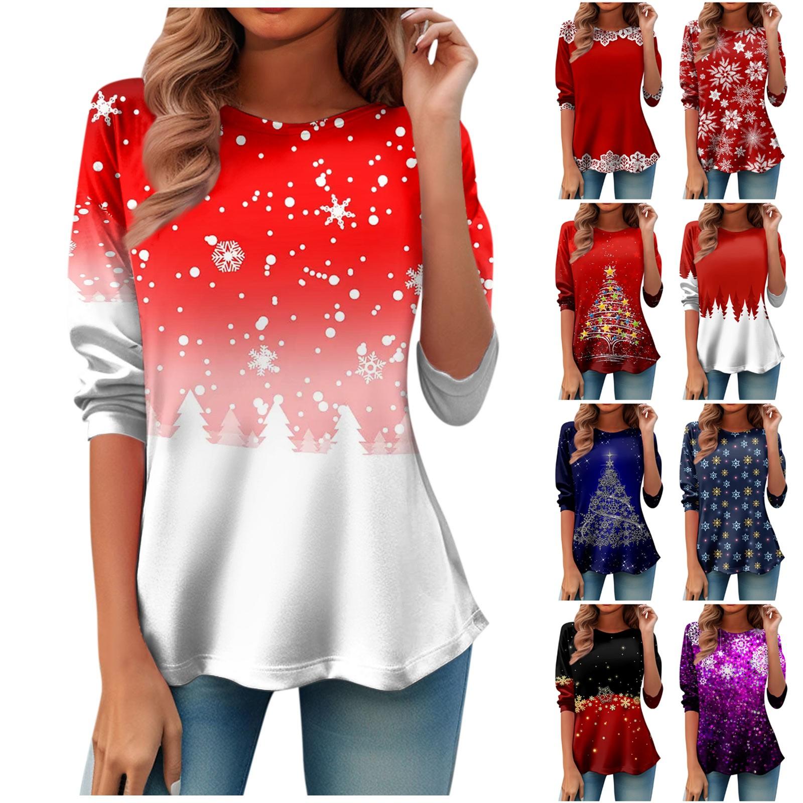 

Женская модная футболка с круглым вырезом и длинным рукавом с рождественским принтом и талией L чёрный