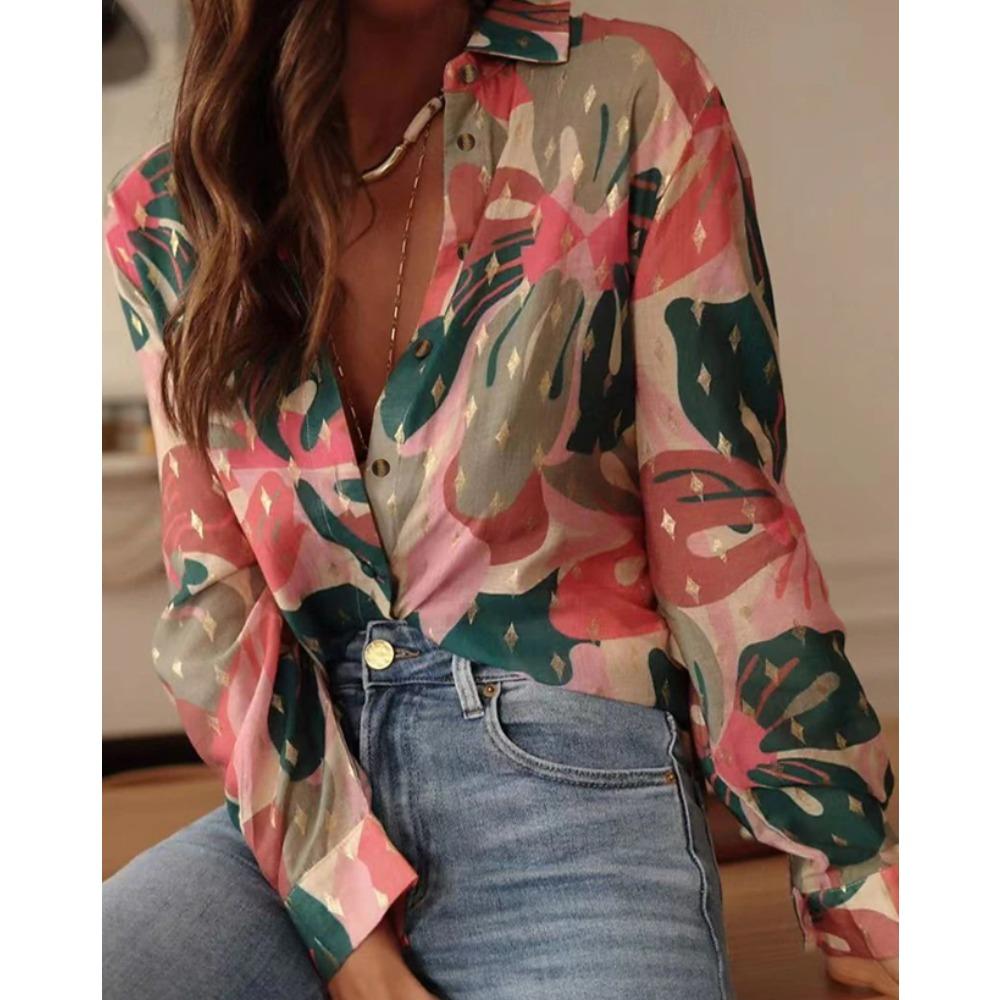 Blumenmuster Damenbluse Frühling Herbst Femme Büro Dame Knopfleiste Umlegekragen Hemden