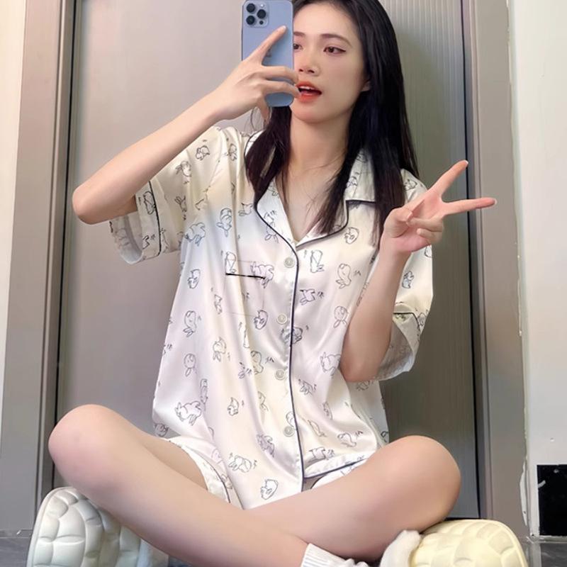 Sweet Girl Ice Silk Pajamas Women'S Summer Cute Milk Rabbit Short-Sleeved Shorts Niche Loungewear Set