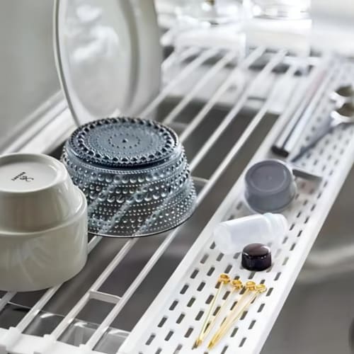 Stainless steel over-sink collapsible dish drainer, compact, antibacterial, space-saving, with cup stand, chopstick rest, cutlery pocket, wide, silico