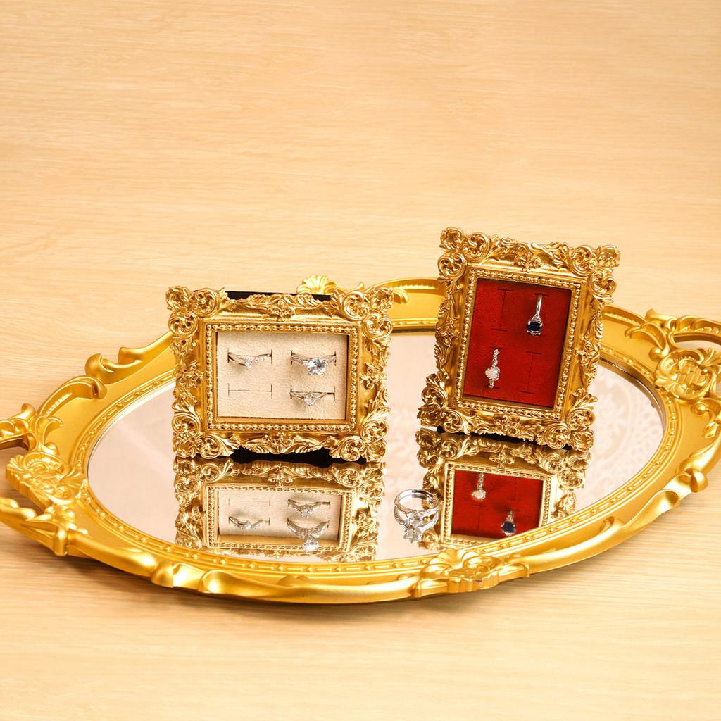 Vintage Gold Ring Display Stand,Suede Earring Tray Baroque Design,Wedding & Birthday Gifts, Velvet Organizer for Engagement Prop