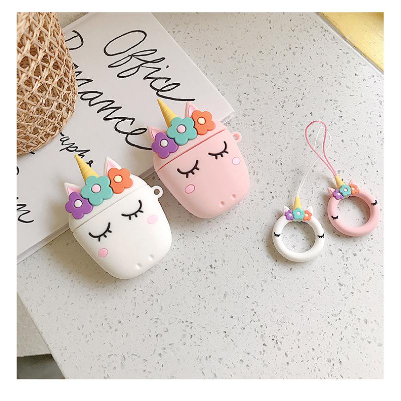 

Силиконовый защитный чехол с рисунком однорогой лошади для наушников Airpods розовый