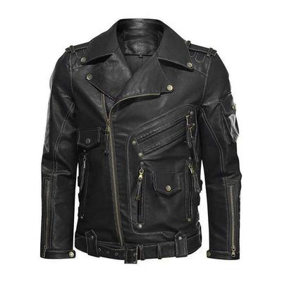 European & American Men's PU Leather Motorcycle Jacket - Multi-Pocket, Zipper, Punk Style for Autumn/Winter, European Size.