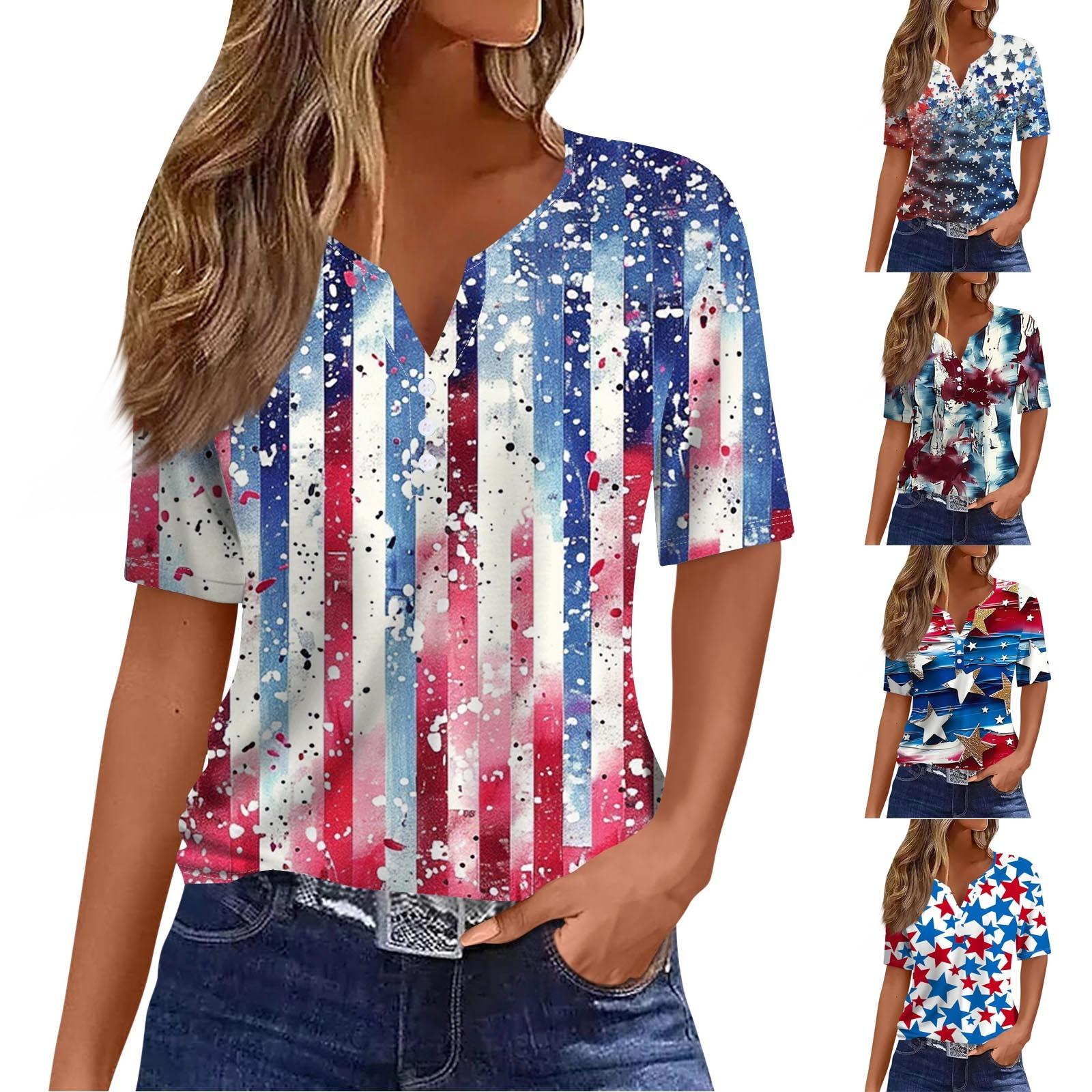 

Жен. Футболка День независимости С принтом Пуговицы С короткими рукавами Повседневные Выходные Мода Классический Классический V-образный вырез Обычный Топ XL винный