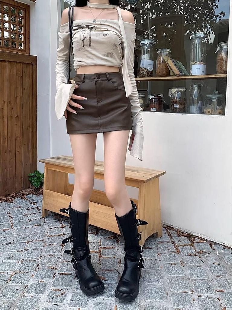 Summer 2025 Petite High Waist A-Line Brown PU Leather Skirt for Women