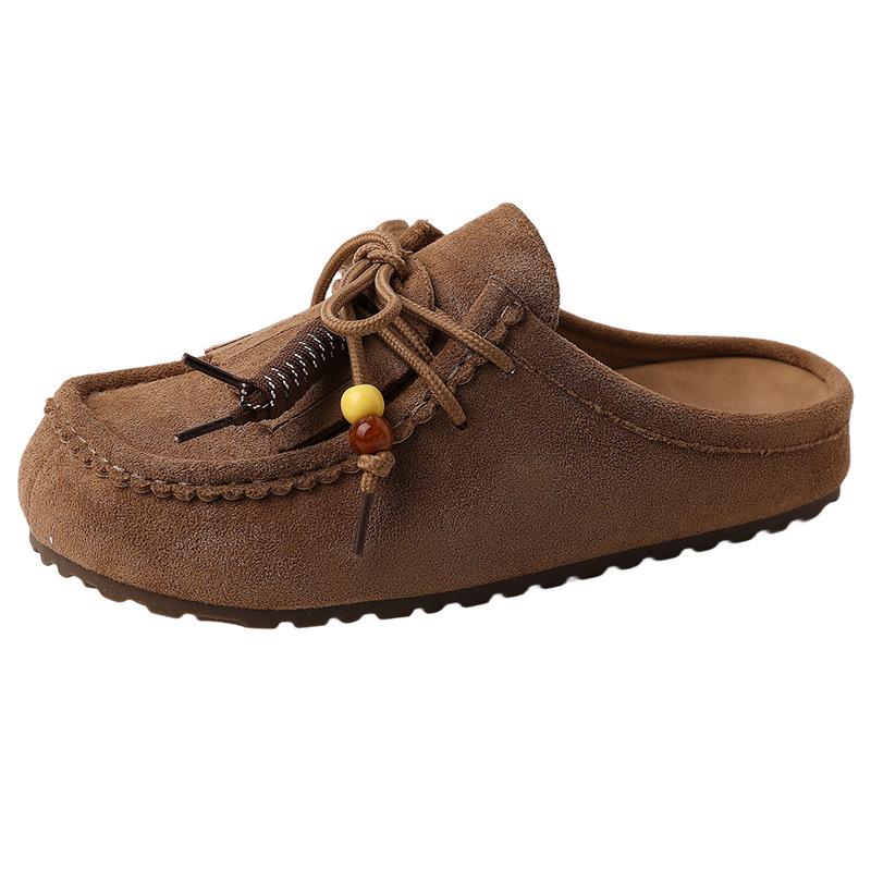 Retro Versatile Tassel Bag Head Thick-soled Half-slippers Women's Autumn New Fashion Outer Wear Women's Flat-bottomed Cool Slippers