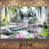 Elegante Chinesische Gartendekoration Seerosenteich mit Wasserfall, Grünpflanzen und Steintreppen Party Hintergrund Banner