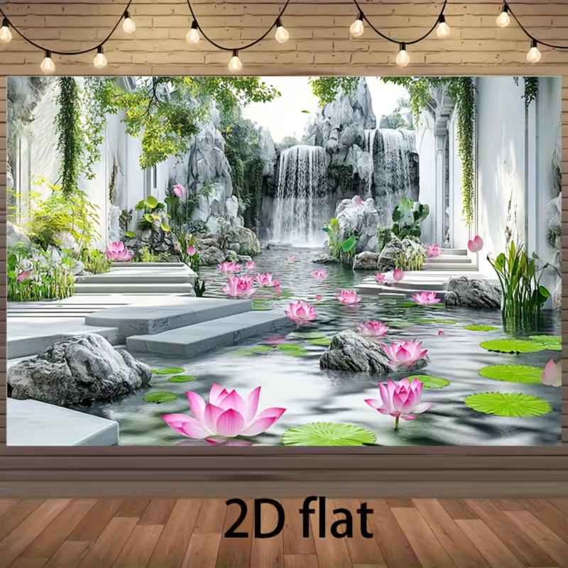 Elegante Chinesische Gartendekoration Seerosenteich mit Wasserfall, Grünpflanzen und Steintreppen Party Hintergrund Banner