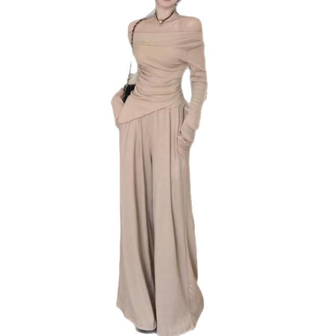 Elegant Korean-Style Women's Suit: One-Shoulder Irregular Long-Sleeved Top with Draping Pants, New Spring/Autumn 2026 Arrival.