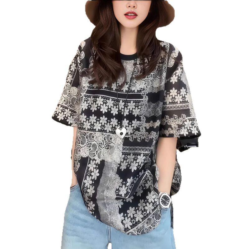 European Station 2025 Women's Round Neck Print Oversized T-Shirt - Summer Short Sleeve Versatile Top