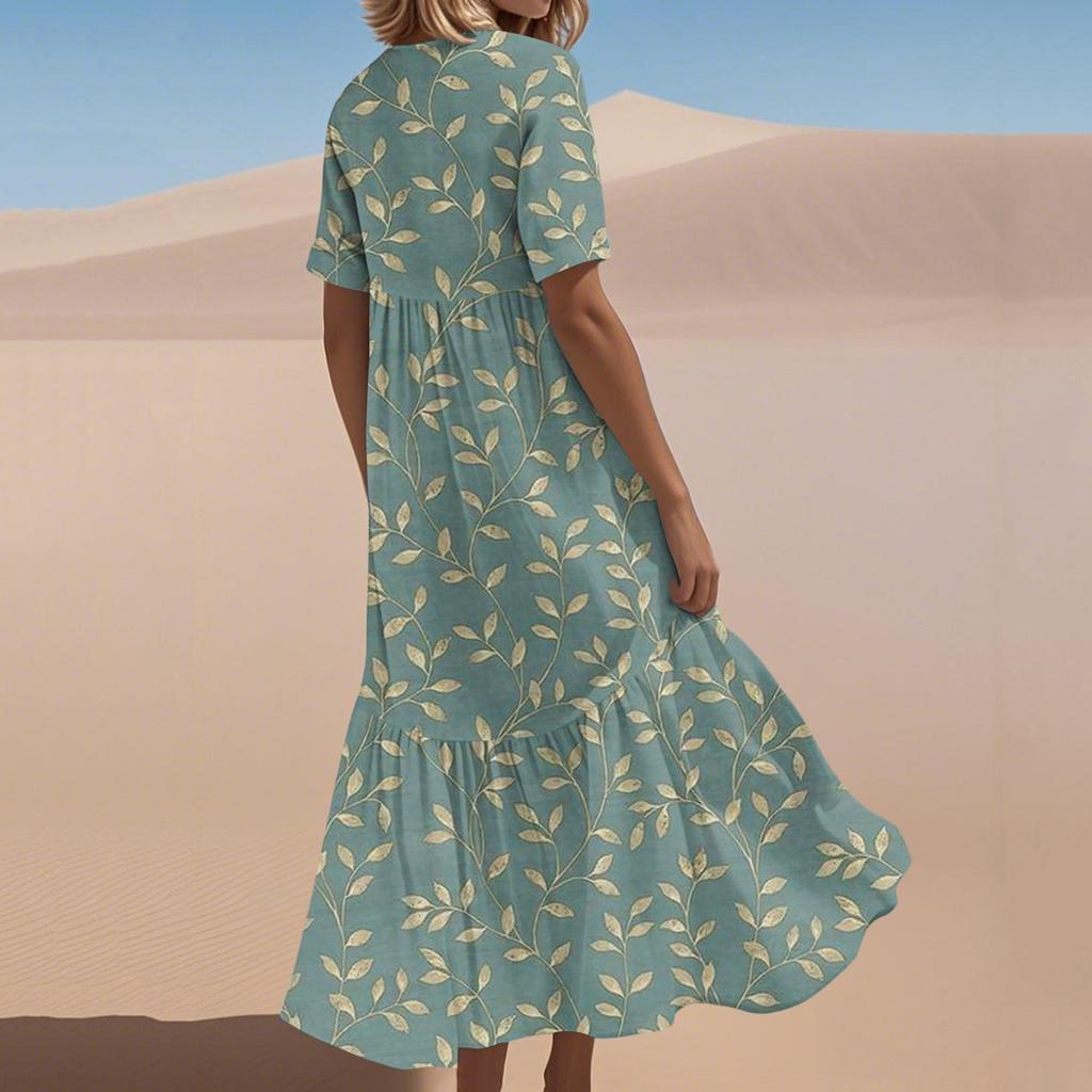 Women's Summer Fashion V-Neck Beach Long Dress Vintage Floral Printed Lace-Up Splicing Dresses