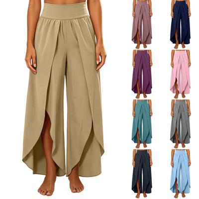 Pantalones de Mujer de Cintura Alta de Pierna Ancha con Abertura Delantera Corte Holgado Casual Largos Cintura Elástica Diseño Elegante para el Uso Diario