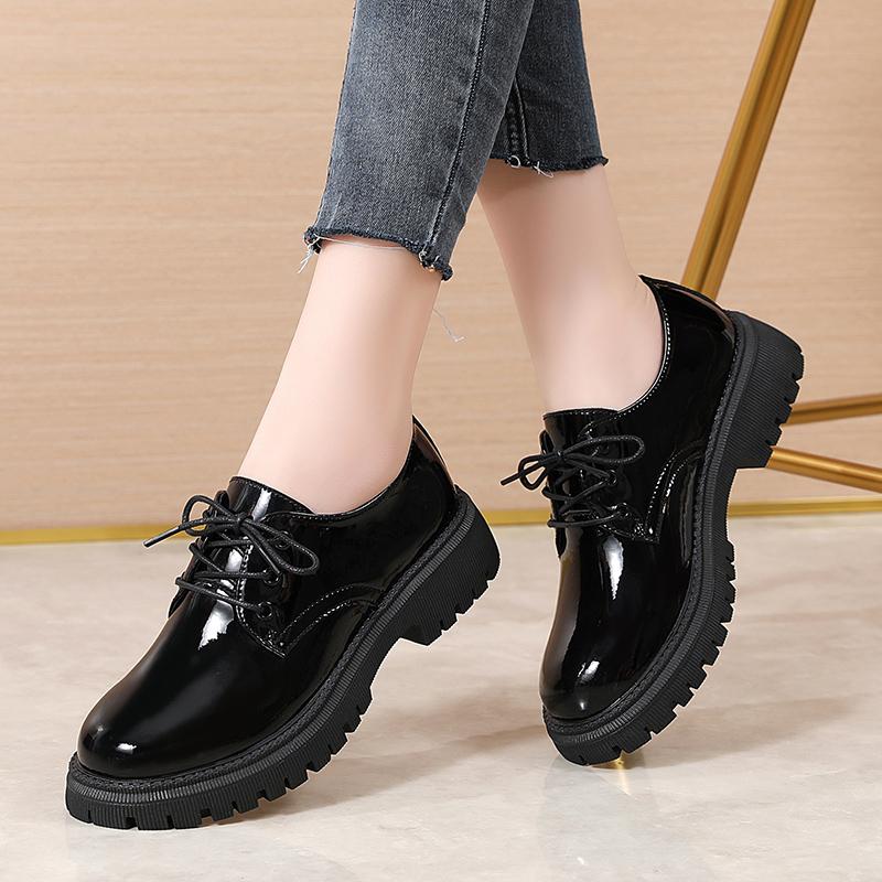 

Женские лакированные кожаные мокасины на платформе, массивные, женские, деловые, офисные, повседневные, со шнуровкой, черные кожаные туфли EU:35