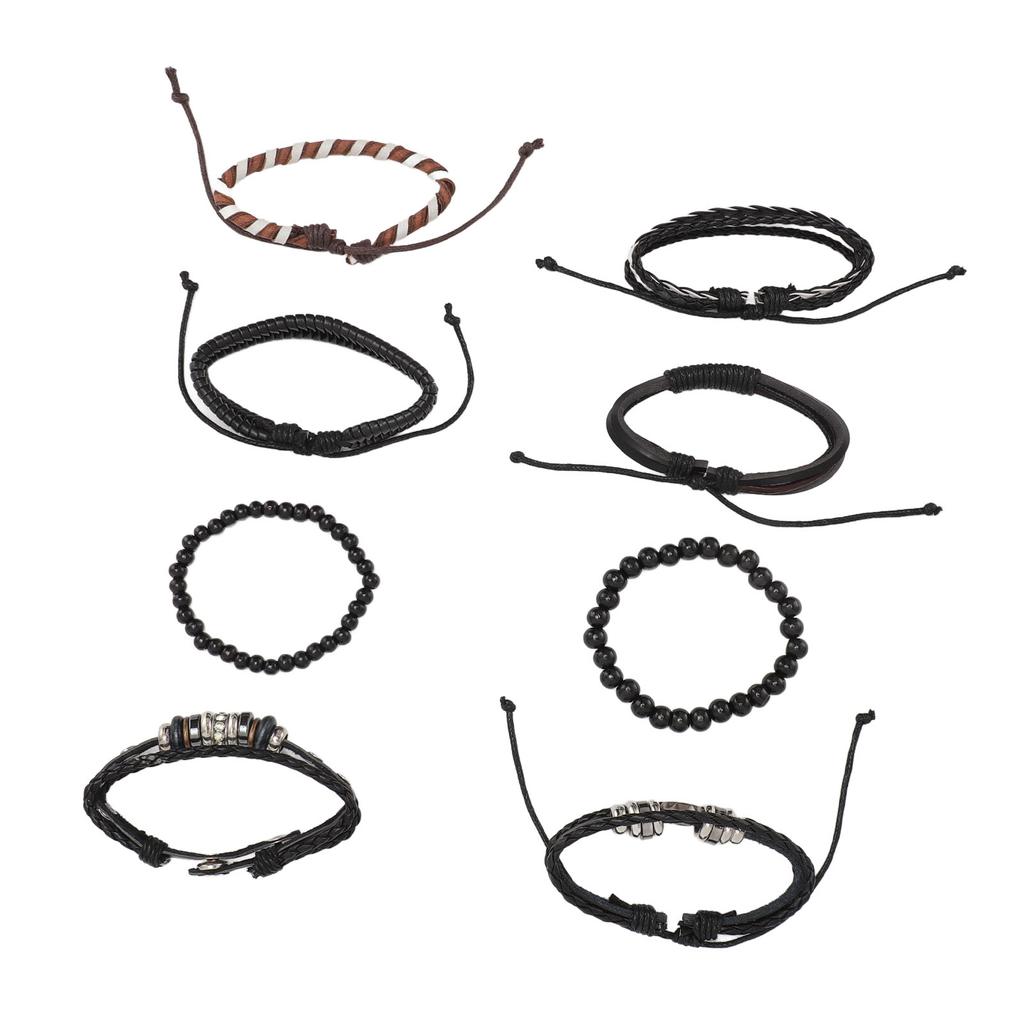 Flerlagrigt flätat armband PU-läder Vintage Universellt Unisex Afrikanskt pärlarmband Svart
