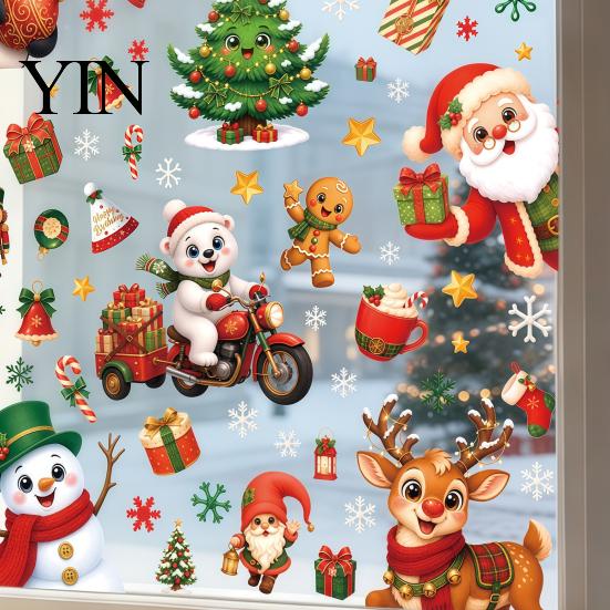 Winter Seasonal Room Decor 6Pcs Christmas Window Cling, Santa Snowman Penguin Reindeer Static Glass Cute Cartoon Adhesives Decals for Storefront,