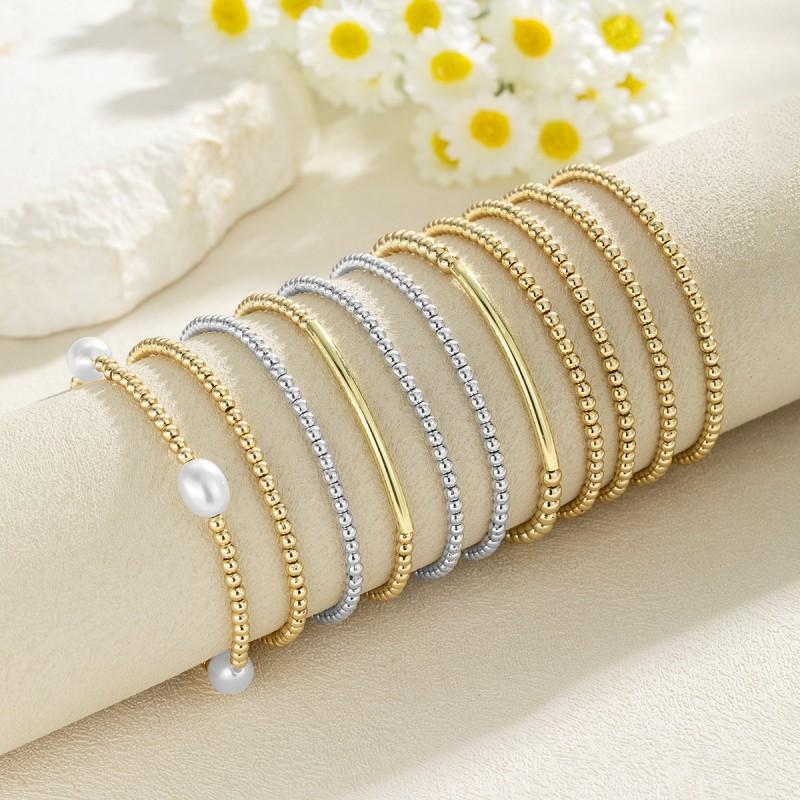 Womens Minimalist Pearl CCB Beaded Stretch Bracelet Set 11pcs Geometric Design Eco-Friendly Leather Card Holder