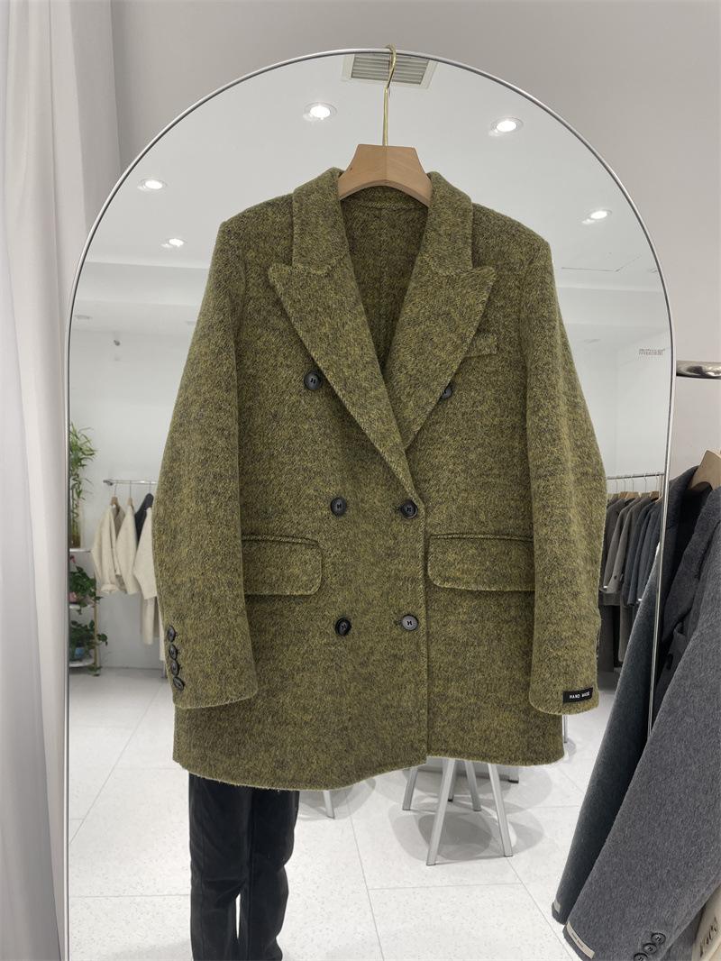 

Женское шерстяное пальто на осень и зиму, двустороннее шерстяное пальто, модное повседневное пальто с длинными рукавами и воротником костюмного типа, корейская версия, простое M зелёный