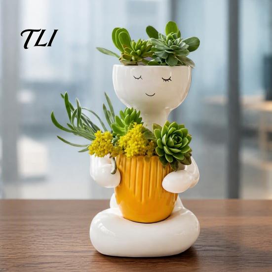 Zen Desktop Flower Pot Smiling Face Plant Pot, Double Planting Space Planter, Cute Resin Holder Sitting Figure Flowerpot for Succulents, Home