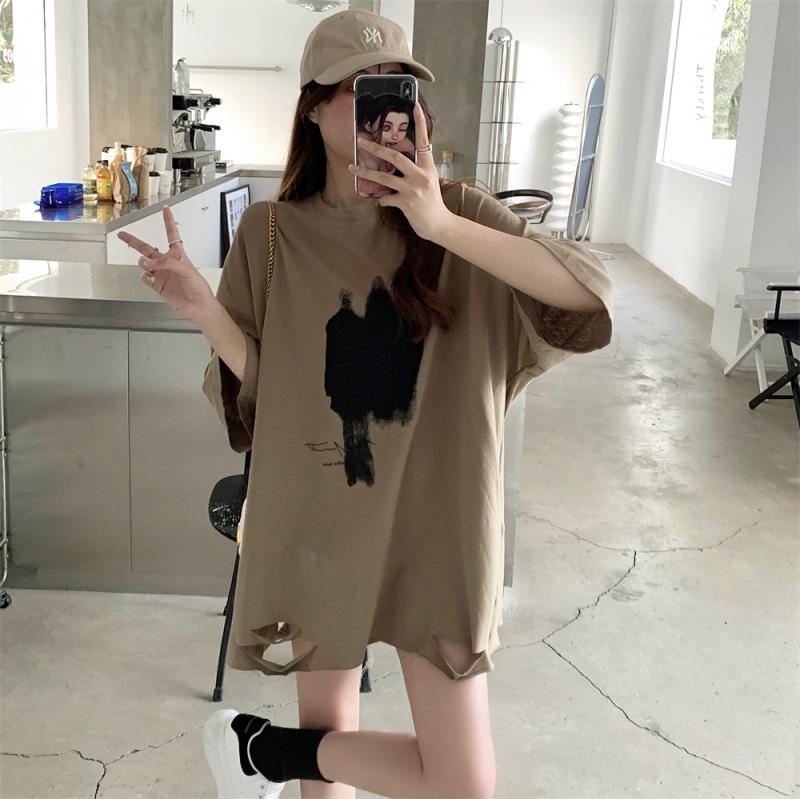 Süßes und cooles Wind-Ripped Kurzarm-T-Shirt Damen-Oberteil Sommer 2025 Neues lockeres Mode-Design Nischen-Basicshirt