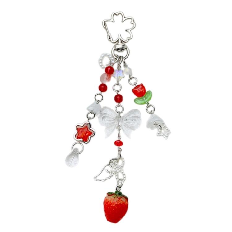 

Handmade Keychain Strawberry/Peach Charm Key Chain Colorful Beaded Keyring Charm червоний