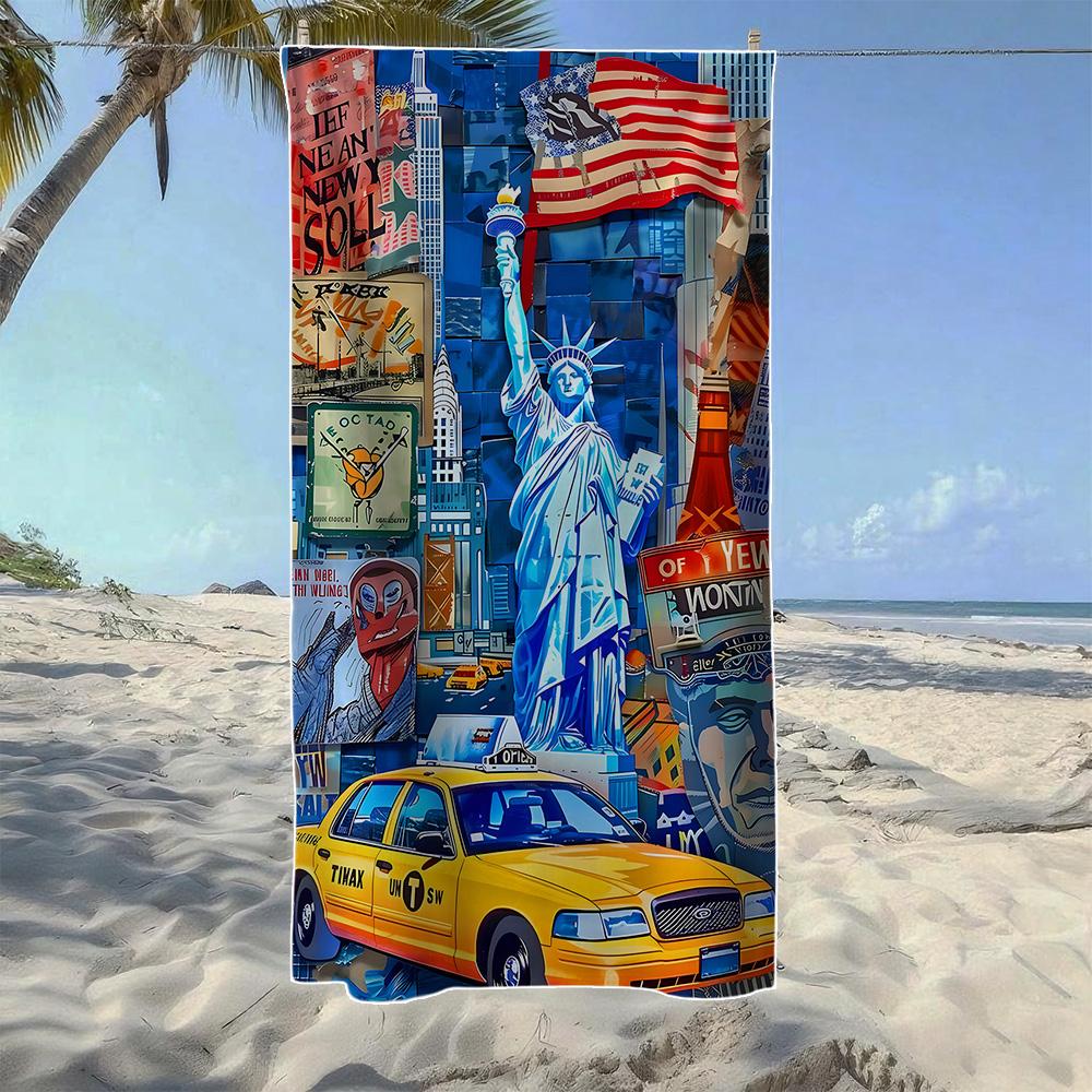 

City Scene & Abstract Wave Beach Towel, Soft Quick-Drying,Perfect For Portable Outdoor Travel,Swimming, Camping And Summer Beach W40*H60(CM)