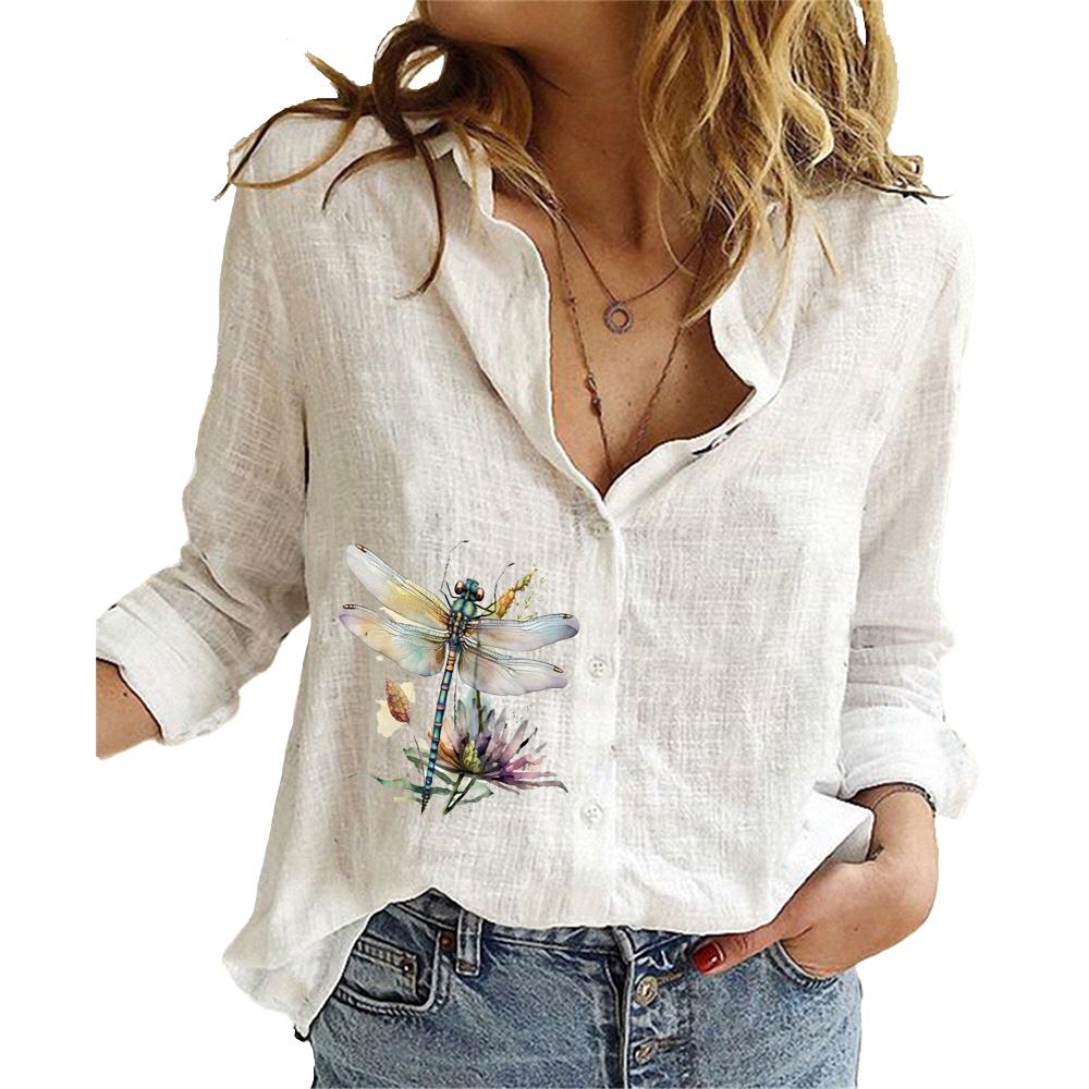 

Women Fashion Cotton Linen Shirt Summer&fall Long Sleeve Top Ladies Printed Blouses S білий