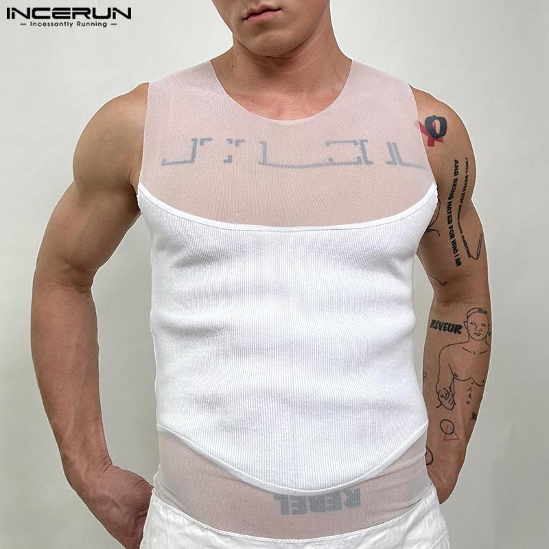

INCERUN Men Sleeveless Mesh Patchwork Sexy Club Party Slim Tank Tops L