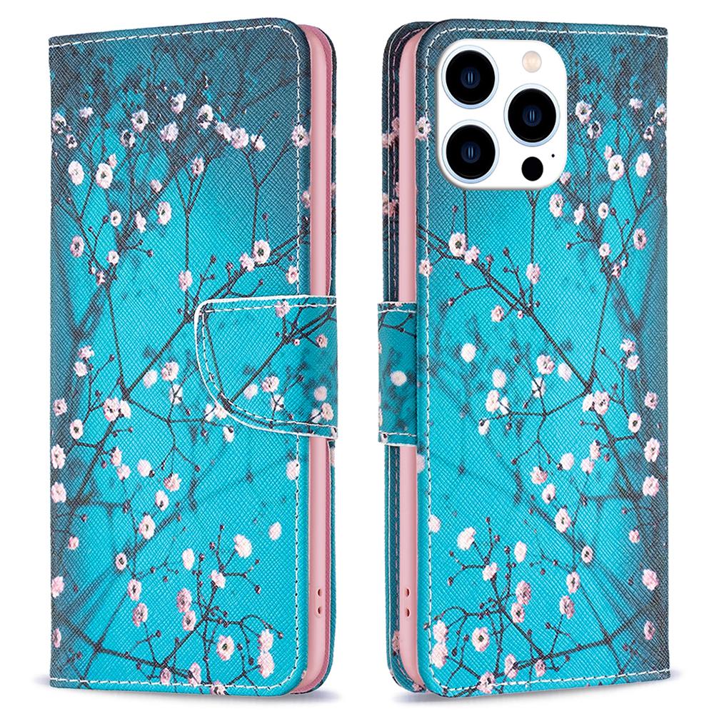 

For iPhone 16 Pro Leather Case Pattern Printing Wallet Stand Phone Cover Plum Blossom
