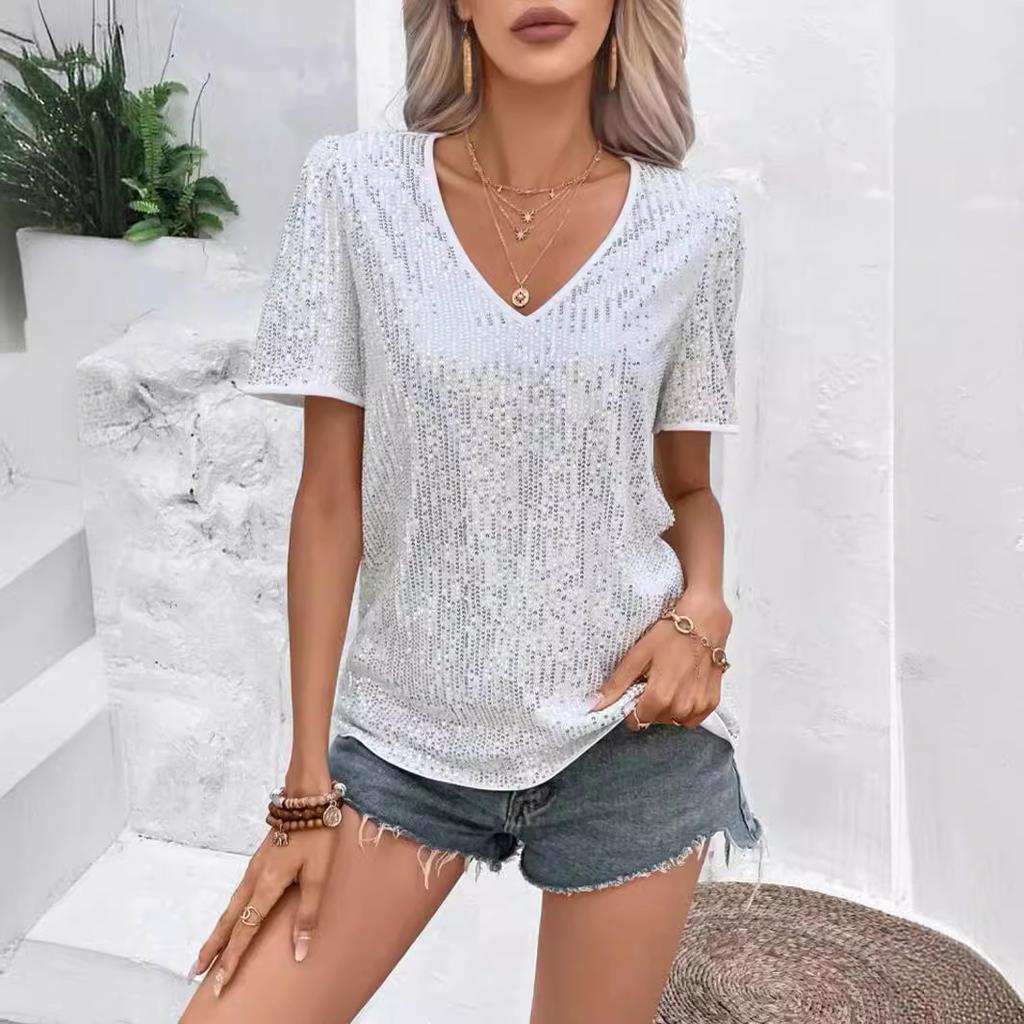 Summer Women's Sexy Solid Color Sequin V-neck Short Sleeved Loose Fitting Women's T-shirt