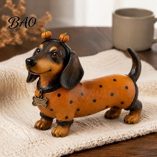 Unique Holiday Party Favors Fall Harvest Dachshund Figurine, Halloween Statue with Pumpkin Headband Polka Collectible Dog Lover Gifts Dot Outfit,