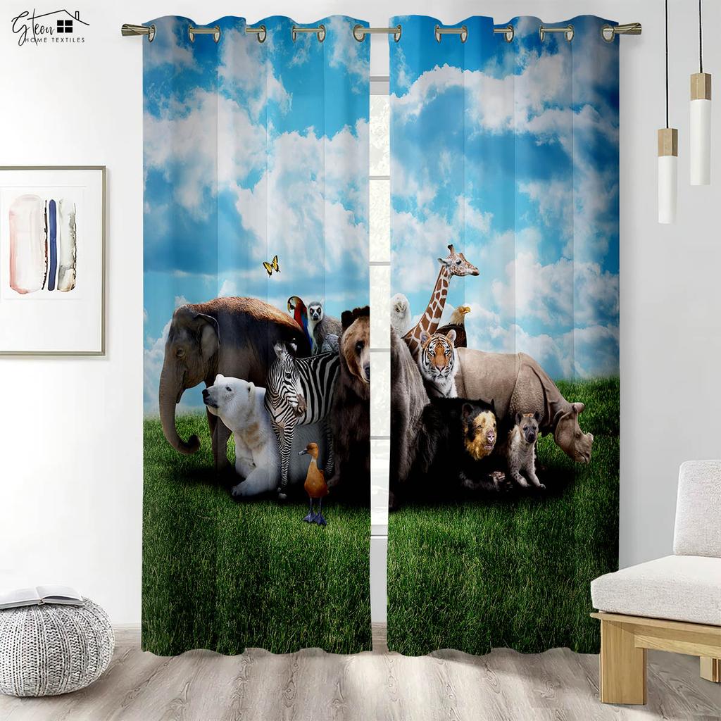Animal 3D Printed Curtains Rabbit Turtle Elephant Giraffe Tiger Wolf Zebra Ostrich Children Cartoon Decorative Curtains 2PCS