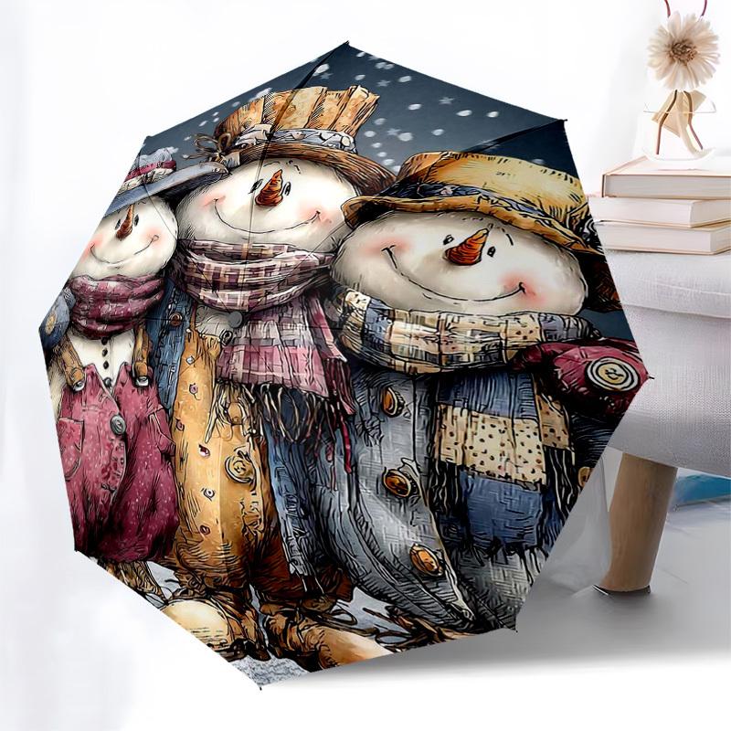 

1pc Snowman Family Winter Festival Gift with Plaid Scarf, Auto Open Close Umbrella, Portable Tri-Fold Design, 8-Bone Iron Frame, Outdoor for Fans, Tra