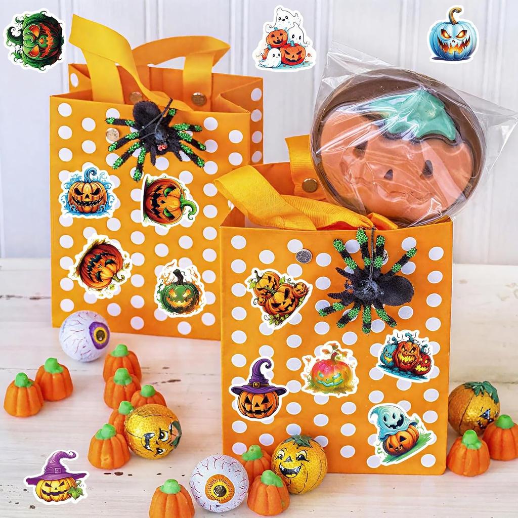 100Pcs Halloween Pumpkin Theme Stickers, Non-Repeating Vinyl Waterproof Holiday Party Stickers, Party Favor