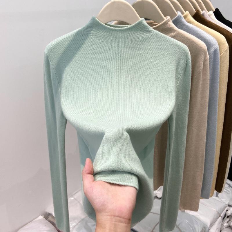 Thickened warm integrated fleece semi-turtleneck knitted sweater women's spring soft waxy inner bottoming shirt solid color top